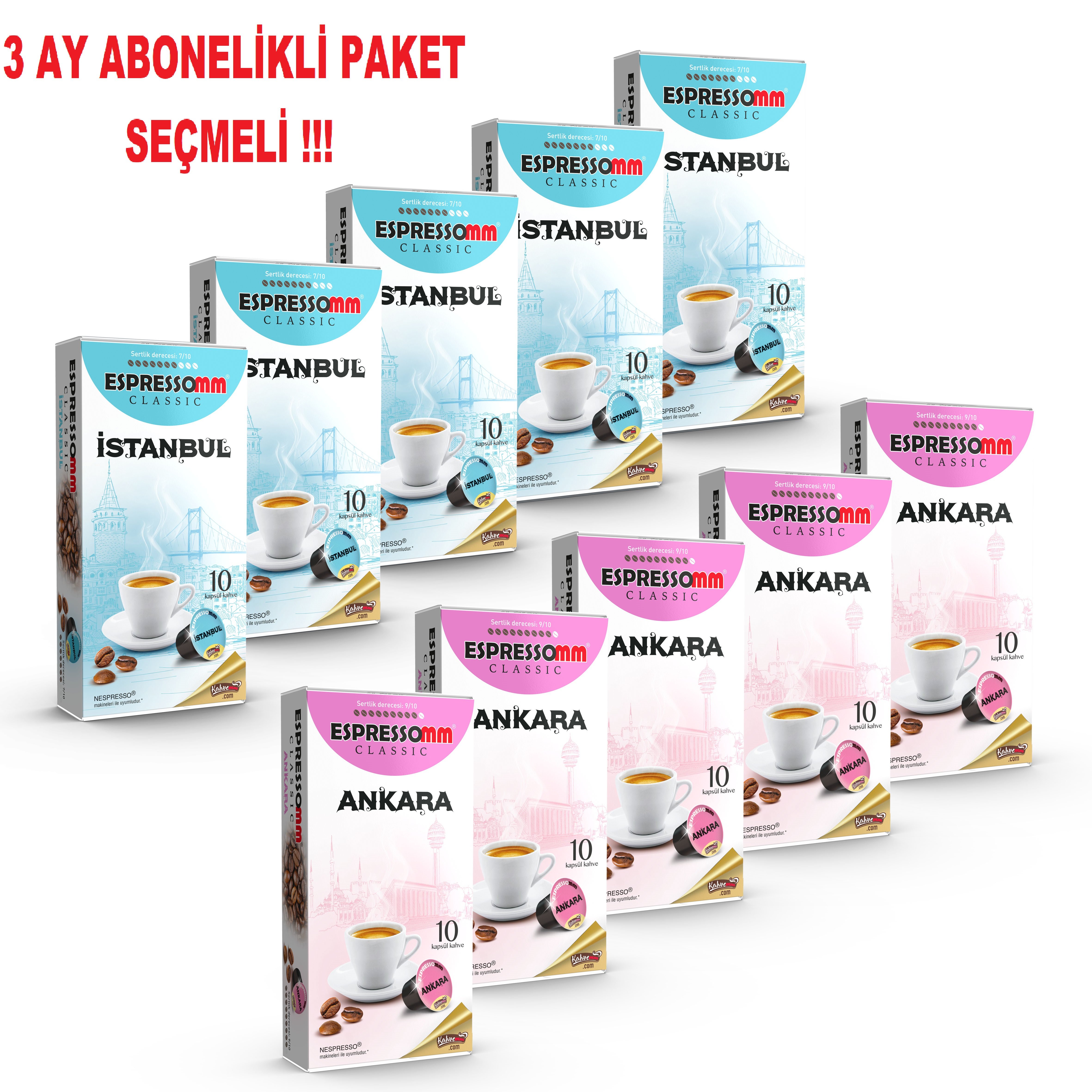 3 Ay Abonelikli Espressomm® Classic Seçmeli Karışık İstanbul&Ankara Kapsül Kahve Paketi (3x 100 Adet) - Nespresso® Uyumlu*